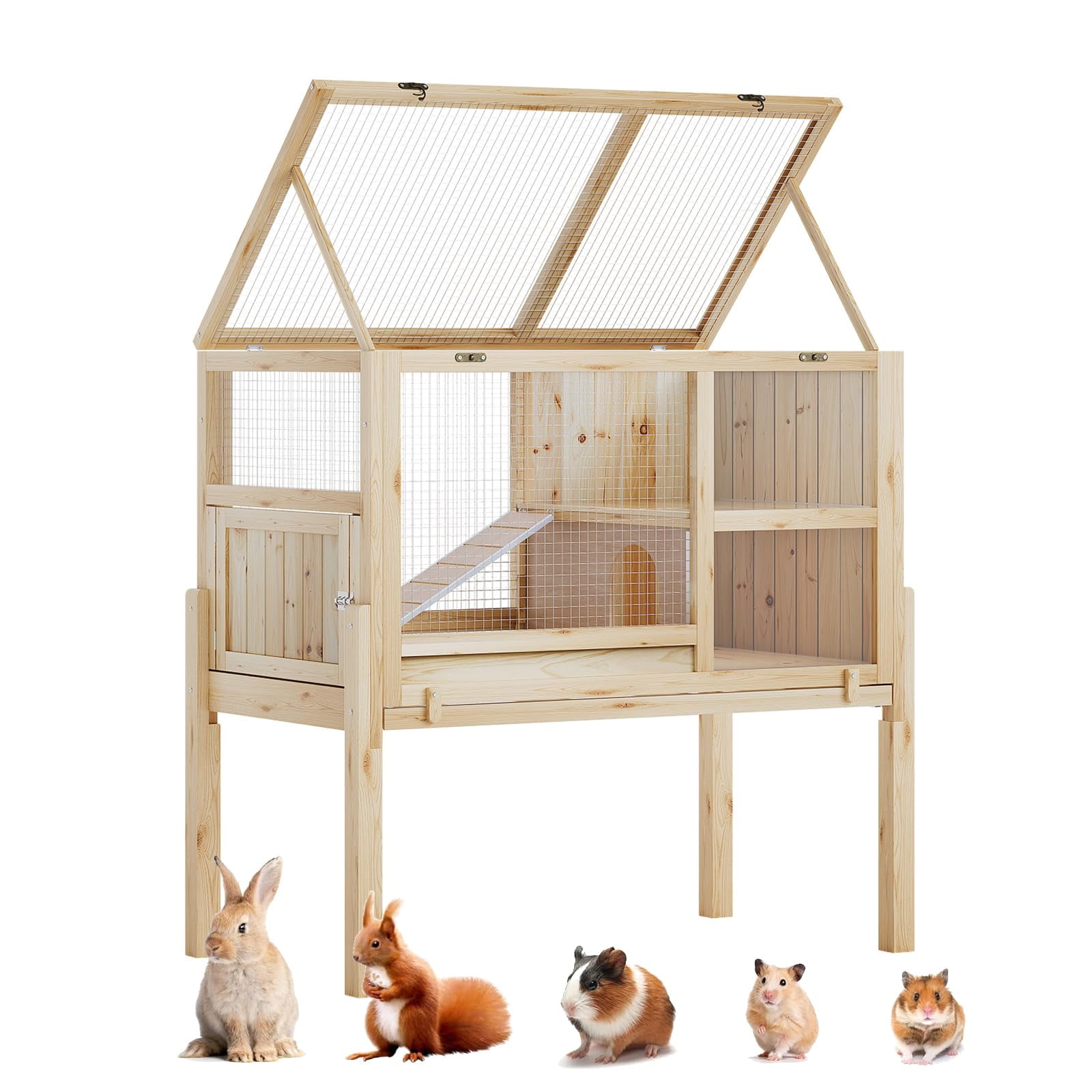 38"×20"×36.6"H Wooden Guinea Pig Cage with Stand & Ramp, 2‑Level Small Animal Habitat, 270° Clear Acrylic Panels Chew‑Proof Metal Edge for Rabbits Hamsters Hedgehogs Indoor