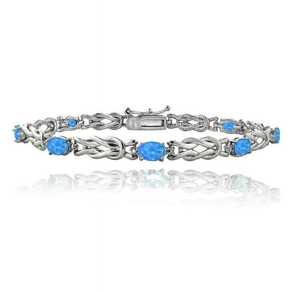 Silver Tone Simulated Blue Opal & Diamond Accent Love Knot Bracelet