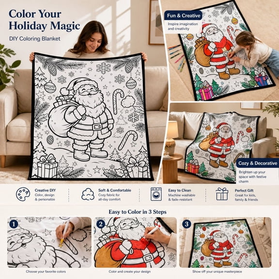 Christmas DIY Coloring Blanket for Adults and Kids, With 24 Color Markers, Holiday Line Art Color Your Own Polyester Throw, Creative Art Activity, 50 x 59 in