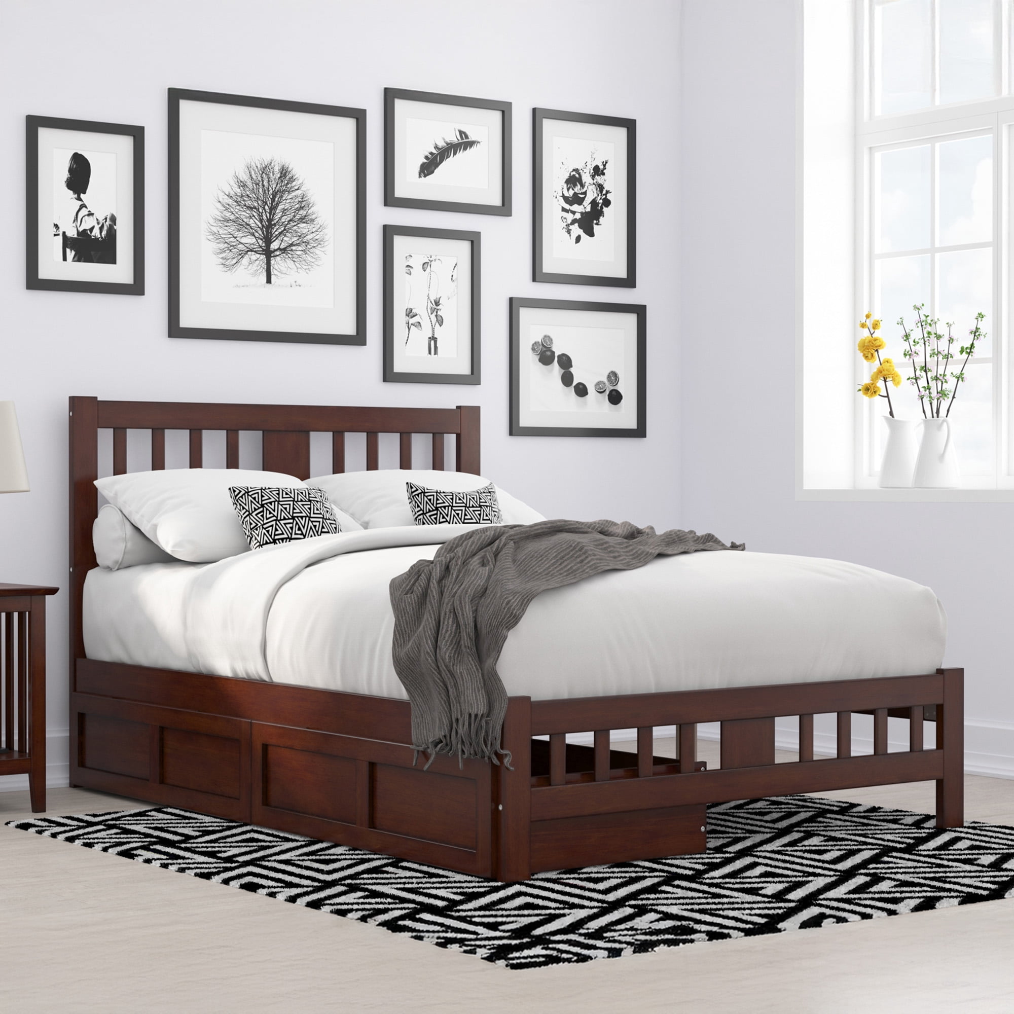 AFI Tahoe Full Wood Platform Bed with Headboard Footboard & 2 Storage Drawers, Walnut