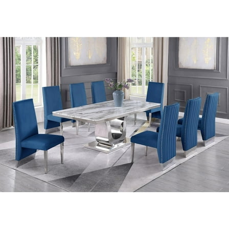 Silver Stainless Steel 9 Piece Dining Set with Marble Table and Navy Chairs