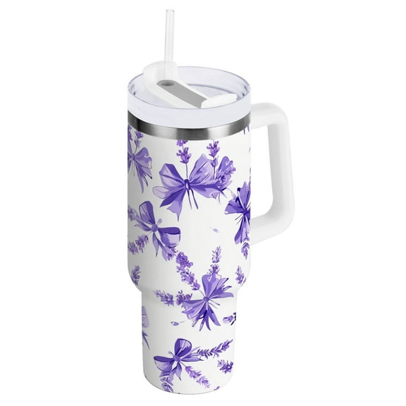 JSTEL Lavender Flower Bow Tie 40 oz Tumbler Stainless Steel Water Bottle Vacuum Insulated Cup with Straw Lid & Handle For Travel Car Cup Holder