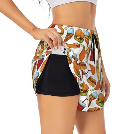 Fotbe Hot Dog Burger Womens High Waist Running Shorts Athletic Workout Quick Dry Shorts for Women with Pockets Gym Yoga Summer Shorts-Large