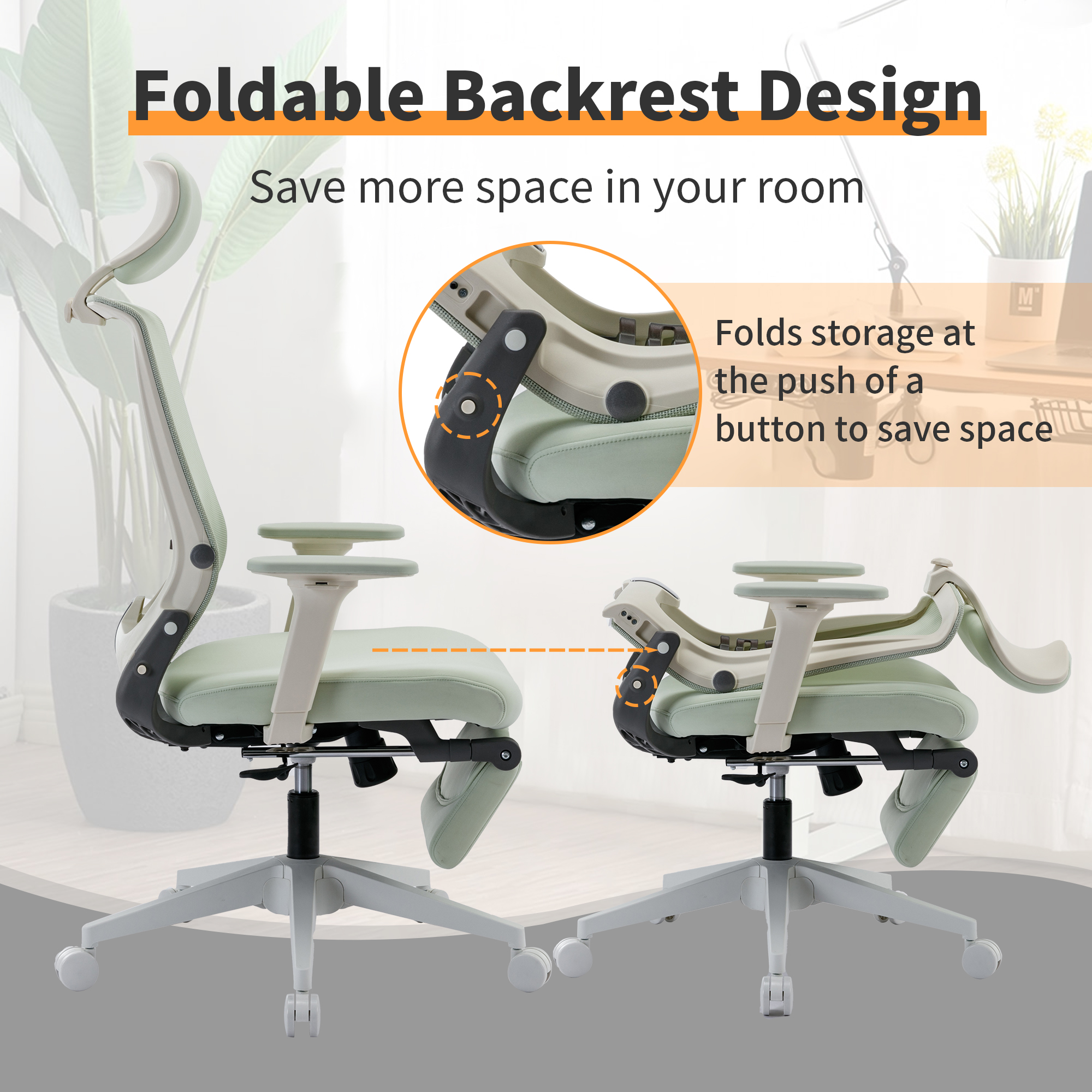 Hforesty Foldable Office Chair with Footrest,Green Ergonomic Mesh ...