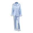 thumbnail image 2 of Musuos Women's Satin Sleepwear, Feather Decoration Long Sleeve Button-Down Lapel Collar Shirts + Long Pants Solid Color Pajamas Set, 2 of 10