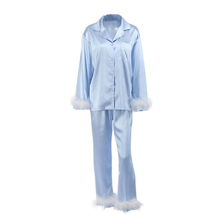 

Women Sleepwear Feather Decoration Long Sleeve Button-Down Lapel Collar Tops Pajamas Set Homewear