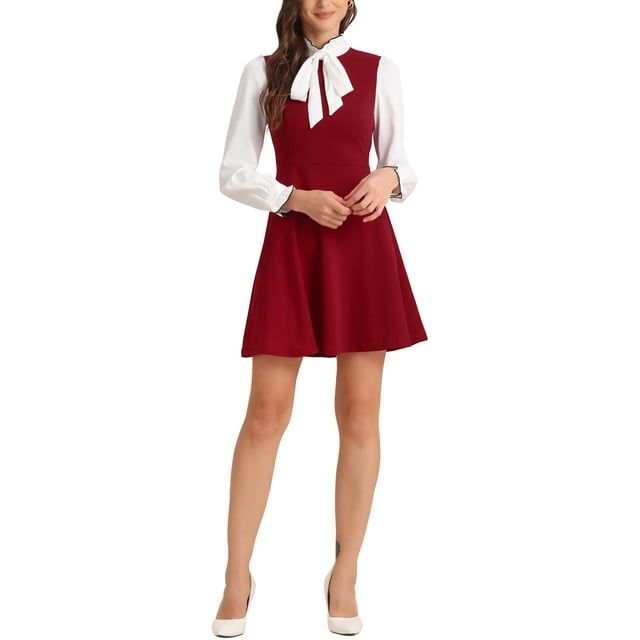Vestidos con cuello de lazo para mujeres, vestido vintage de manga larga de los años 60, color contrastante, XL rojo