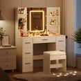 thumbnail image 2 of Coiffeuse Blanche avec Miroir, Tabouret Rembourré – 7 Tiroirs, 6 Étagères de Rangement, DEL Tactile à Intensité Réglable, 3 Modes d'Éclairage, Prise de Courant et USB, Support pour Séchoir – Ensemble de Chambre Moderne, 2 of 8