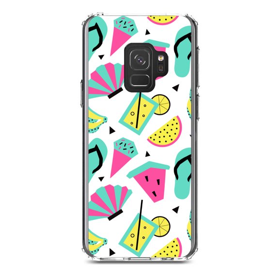 DistinctInk Clear Shockproof Hybrid Case for Samsung Galaxy S9 (5.8" Screen) - TPU Bumper, Acrylic Back, Tempered Glass Screen Protector - Summer Graphics - Flip Flops Watermelown Lemonade