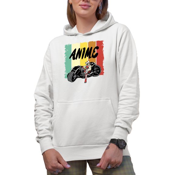 Anime with Motorcycle Rider, White Hooded Sweatshirt or Hoodie, Small