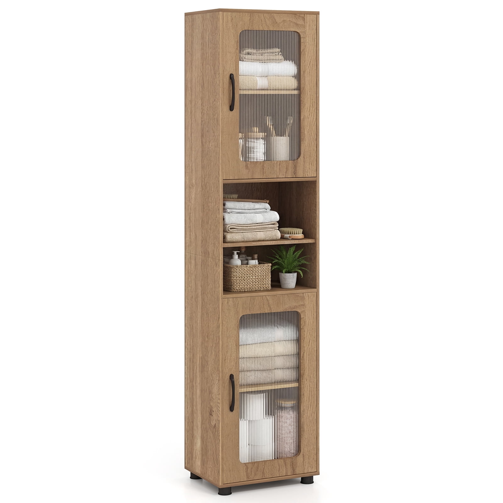 Costway Bathroom Cabinet, Slim Floor Storage Cabinet with 2 Fluted Doors,4 Rubber Feet Natural