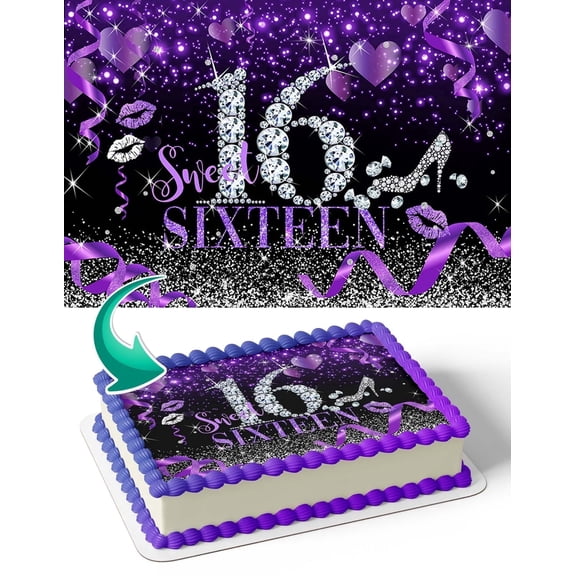 Sweet 16 Purple Party Edible Image Icing Cake Topper for Quarter Sheet Cake, by TNCT
