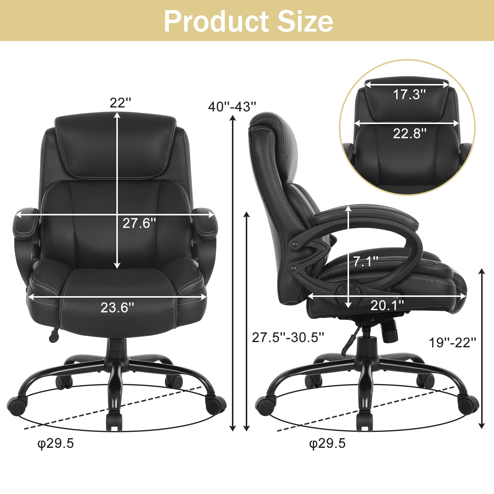 400lb Heavy Duty Office Chair, Ergonomic 43" H High-Back Executive Chair with Adjustable Lumbar Support