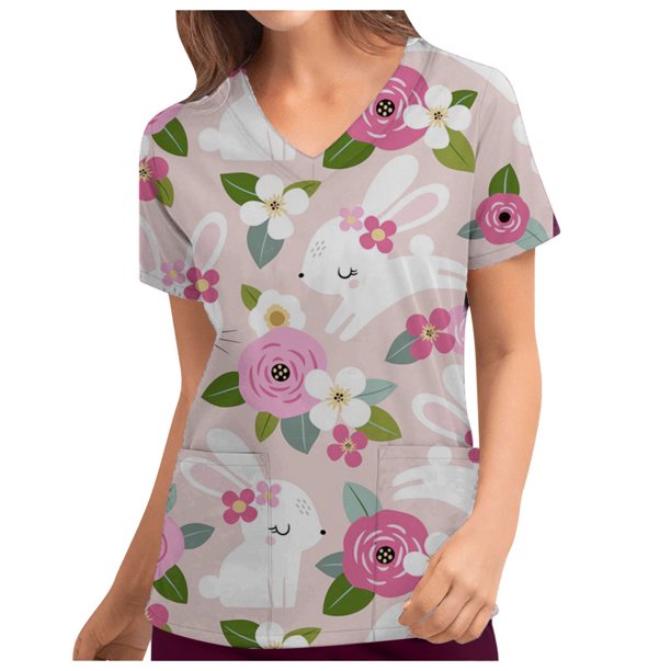 Blusa para mujer, mujer, día de Pascua, uniforme, ropa de trabajo, estampado, cuello en V, camisetas de manga corta con bolsillo Pompotops hkajfhjk461383