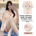 thumbnail image 2 of Ropa de dormir de verano para mujer, conjunto de ropa para el hogar con estampado de dibujos animados de manga corta y almohadilla en el pecho integrada, cárdigan, pantalones cortos integrados, 2 of 5