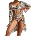 thumbnail image 1 of Kiosan Conjunto de bikini para mujer, traje de baño de 3 piezas, kimono floral, parte superior triangular anudada en la parte delantera, falda de traje de baño inferior de cintura alta, 1 of 4