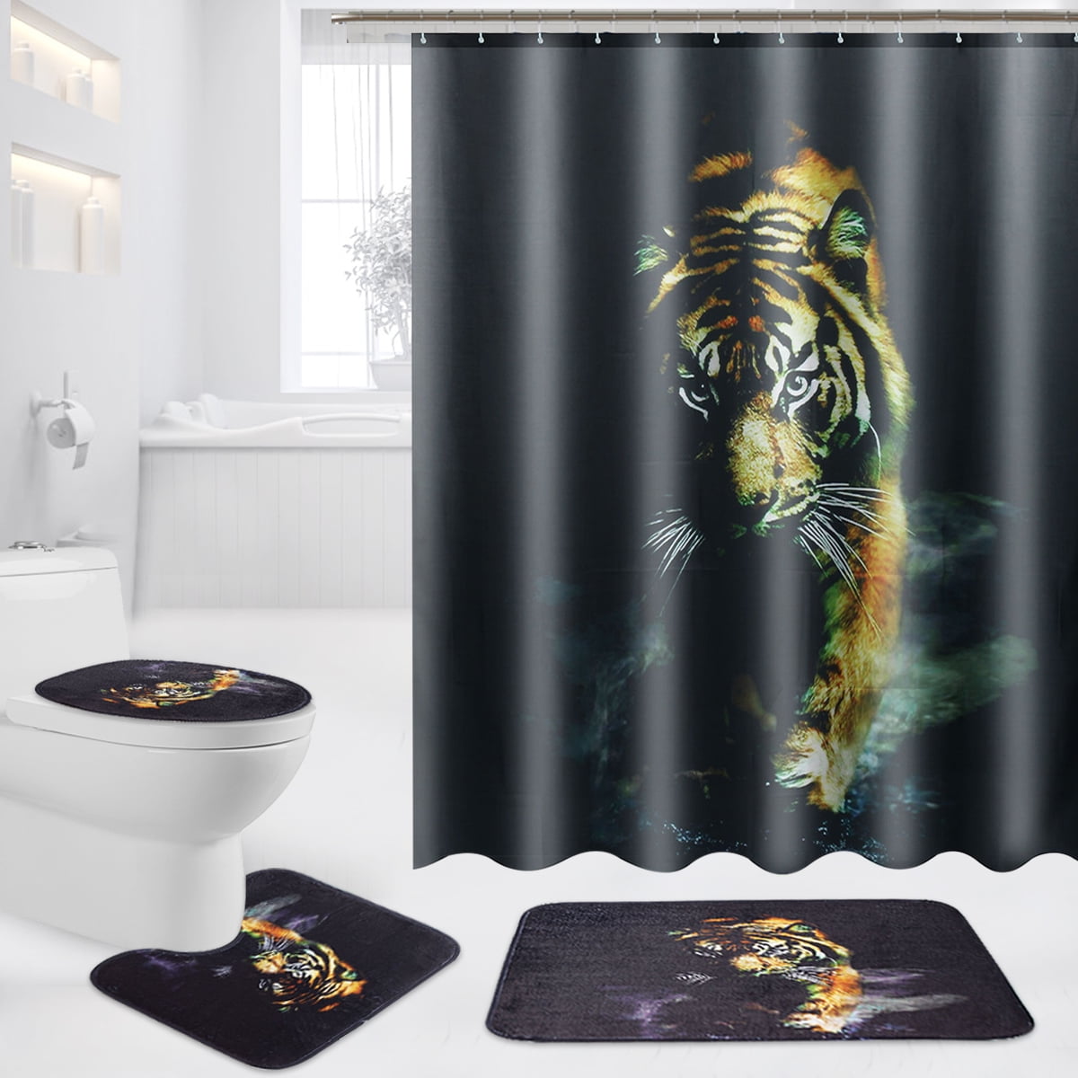 White Tiger and Earth Shower Curtain Toilet Cover Rug Mat Contour Rug Set 