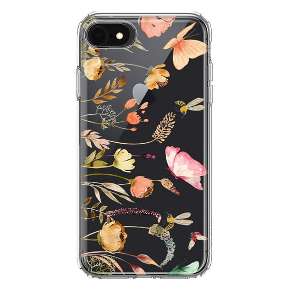 MUNDAZE Apple iPhone 6/7/8/SE 2020/SE 3 2022 Shockproof Clear Hybrid Protective Phone Case Peach Meadow Wildflowers Butterflies Bees Floral Cover