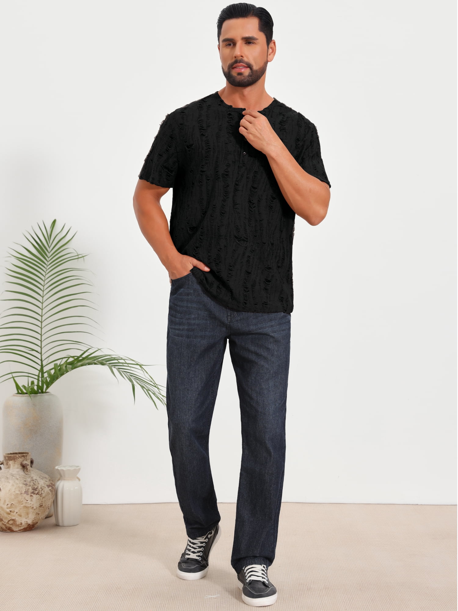 DARING DIVA Men's Ripped Henley Retro Short Sleeve Button Down T-Shirt XL Black