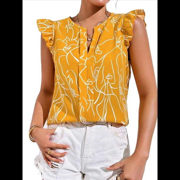 Blusas de Verano para Mujer, Elegantes, Informales, de Corta y con Estampados. Amarillo L
