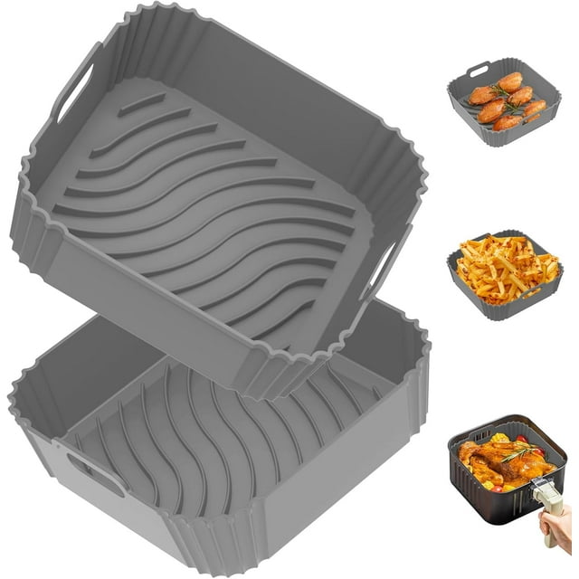 2 Pack Air Fryer Silicone Liners, Square Airfryer Liners, Silicone Air Fryer Liners Reusable for 4-6 QT, Air Fryer Accessories Replacement for Parchment, Airfryer Liners Silicone Gray&Gray