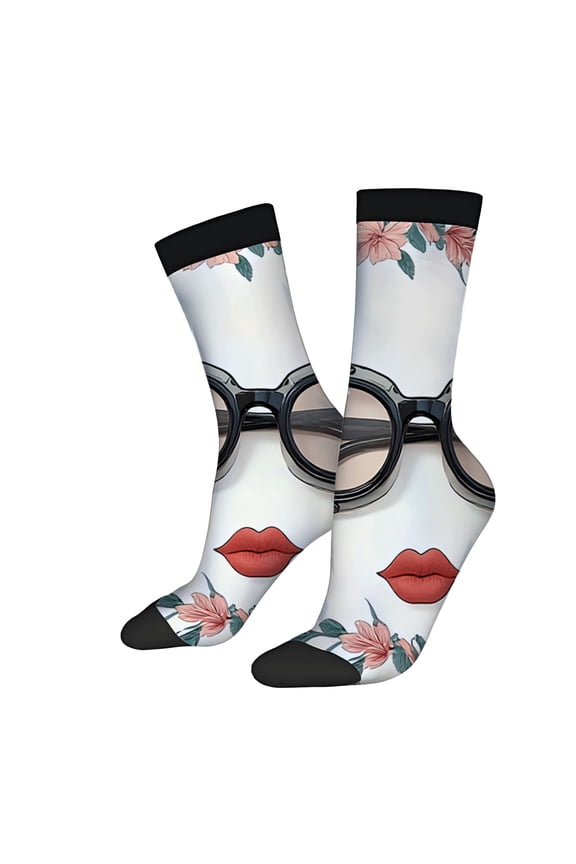 Unisex Trendy Floral Socks (2 Pairs) with Black - Rimmed Glasses Stylish Mixed Color Design for All Seasons