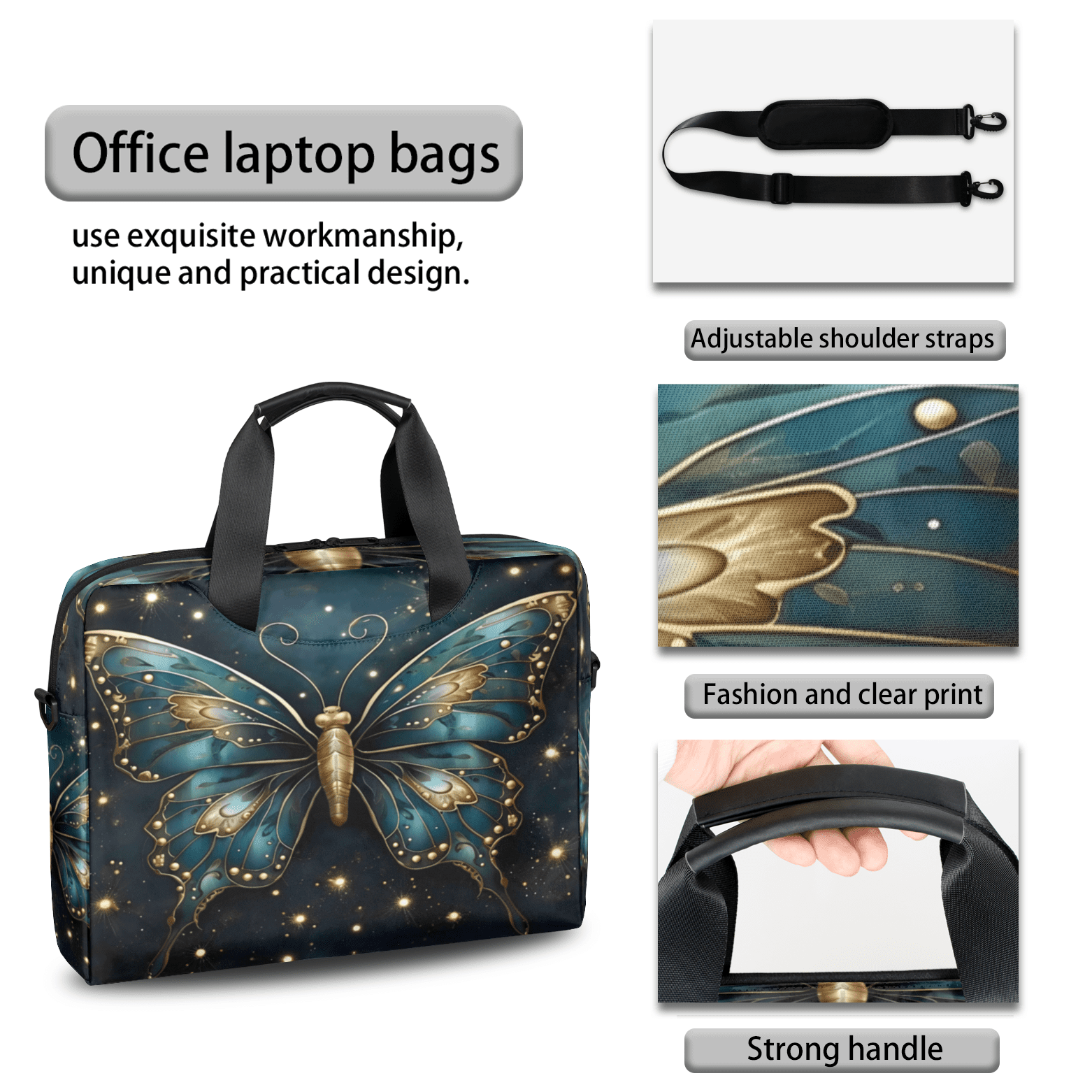Herdesigns Boho Butterfly Laptop Bag for Women Men, Computer Case Briefcase Messenger Bags, 15-15.6 inch Laptop Sleeve Shoulder Bag