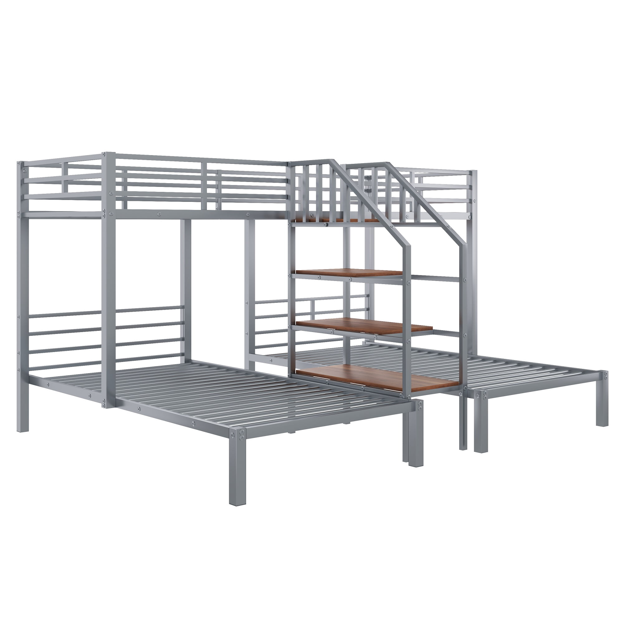 Euroco Metal Twin over Twin & Twin Bunk Bed, 3-in-1 Triple Bunk Bed with Shelves for Kids Teens, Silver