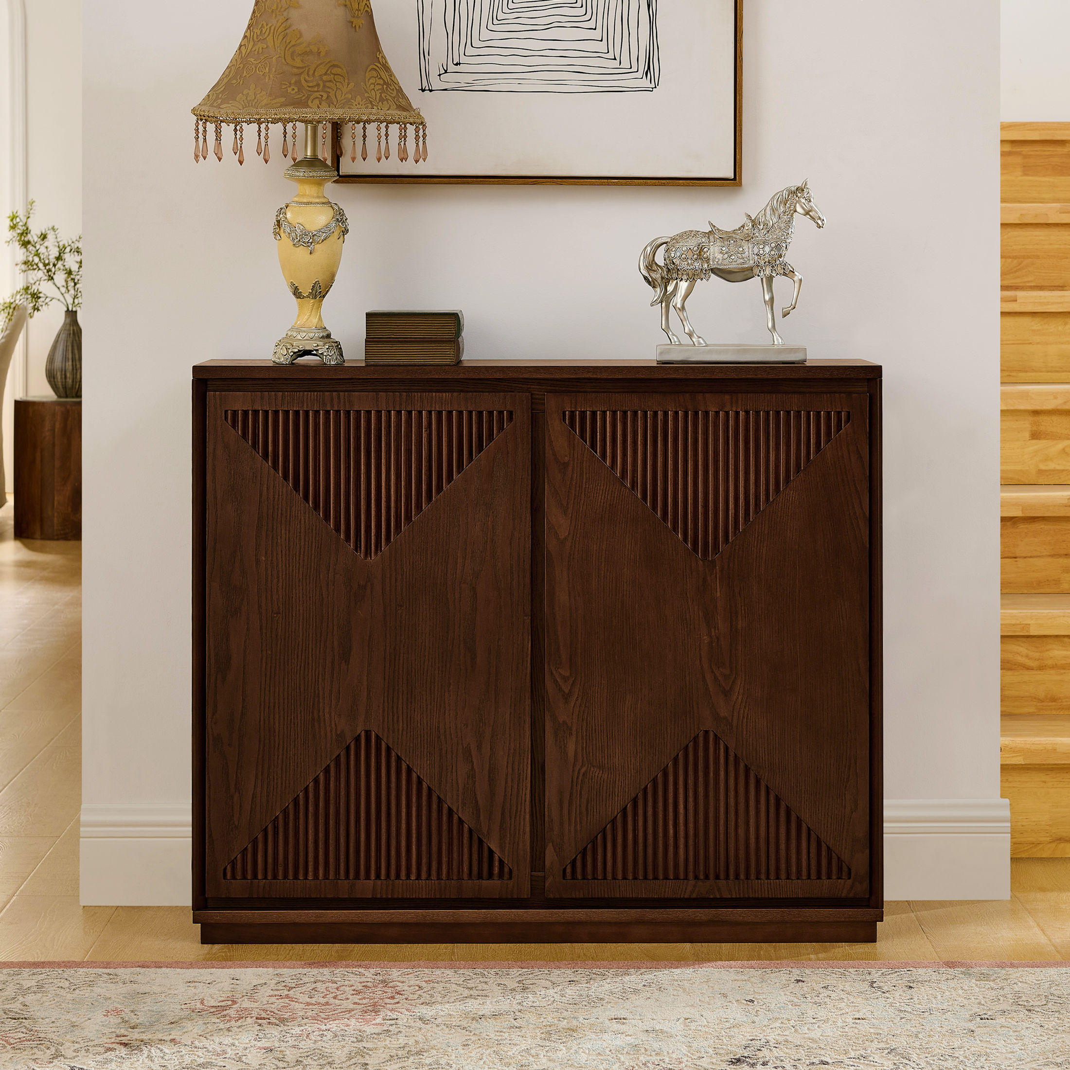 GDF Studio 39" Mid Century Modern V-Shaped Fluted Sideboard Cabinet with Outlet Holes, Dark Walnut