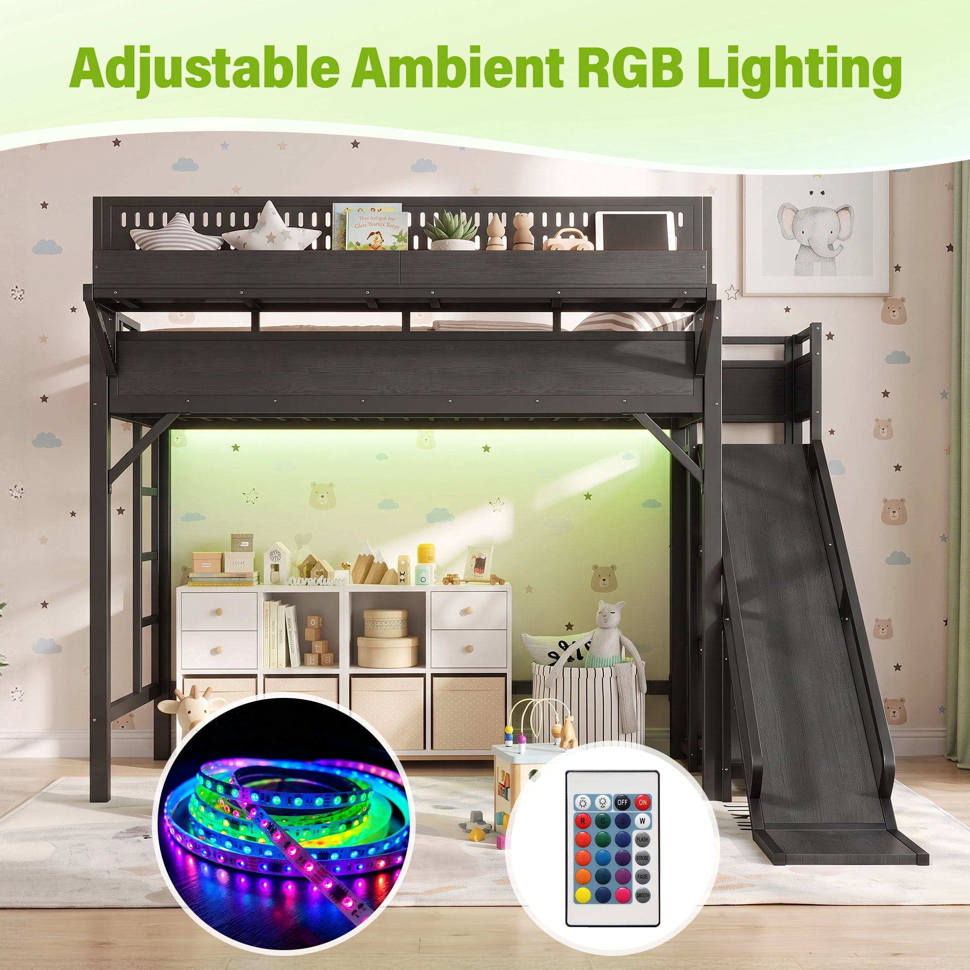 Aukfa Twin XL Metal Loft Bed with Slide, Shelves, Wardrobe, USB Ports & LED Lights, Space-Saving Bed Frame for Kids Teens Adults, Black