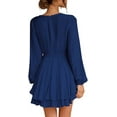 thumbnail image 3 of Women's Dress Deep V-Neck Long Sleeve Waist Tie Ruffle Mini Swing Skater Dresses, 3 of 11