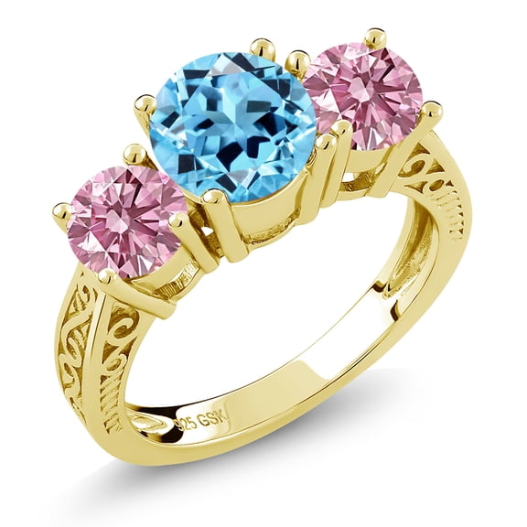 Gem Stone King 18K Yellow Gold Plated Silver Swiss Blue Topaz and Pink Lab Grown Diamond Engagement Ring for Women | 2.65 Cttw | Round 7MM | Gemstone November Birthstone | Size 8