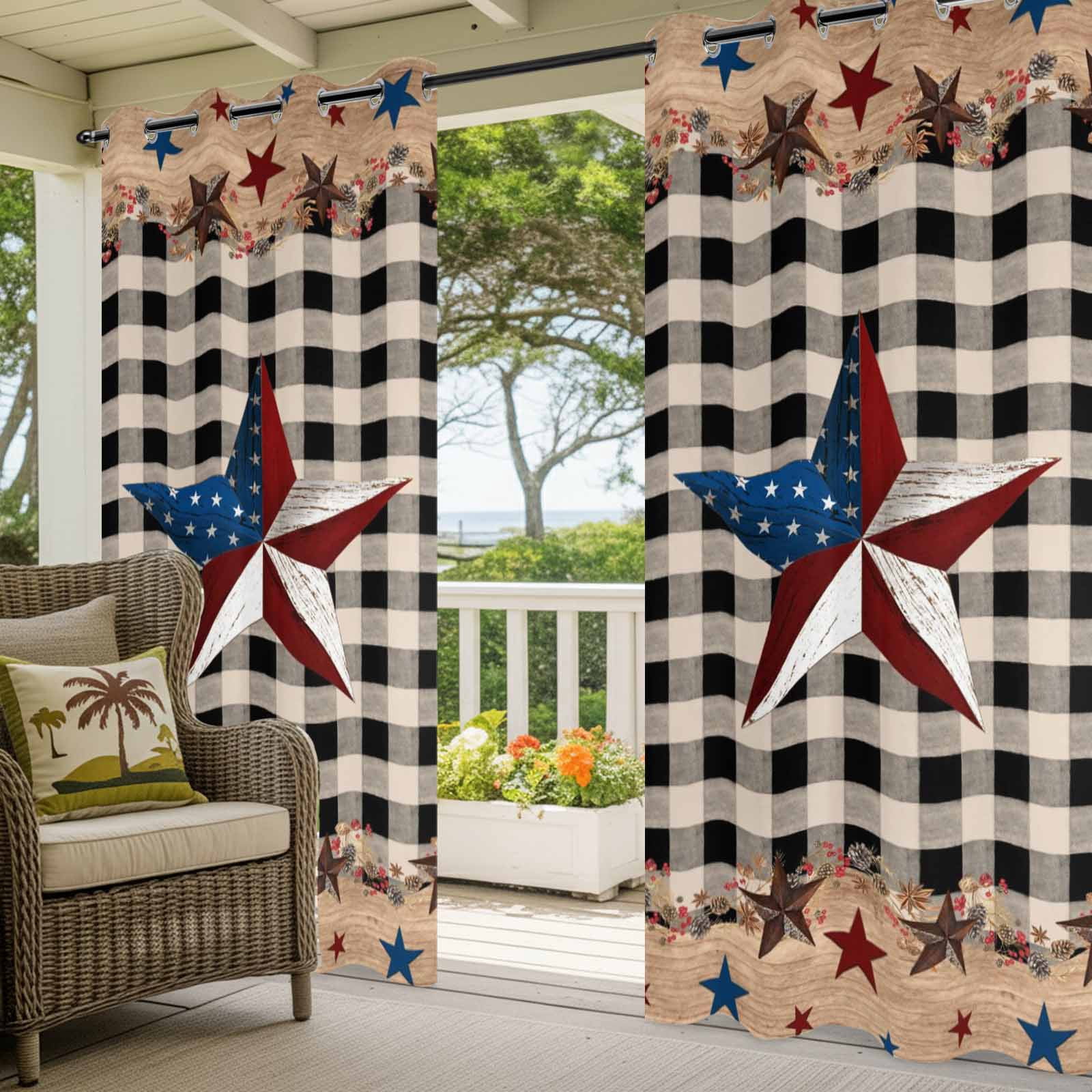 Country Stars Outdoor Curtains for Patio, Vintage Black Plaid U.S. Flag Farms Wood Board Sunshade Privacy Drapes Grommet Waterproof Outside Curtains for Porch/Cabana/Balcony 54"x 108", 1 Panel