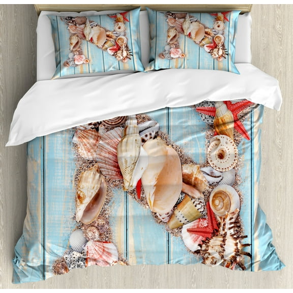 Letter N Queen Size Duvet Cover Set, Oceanic Invertebrates Alphabet ABC Marine Shells and Starfishes, Decorative 3 Piece Bedding Set with 2 Pillow Shams, Pale Blue Ivory Dark Coral, by Ambesonne