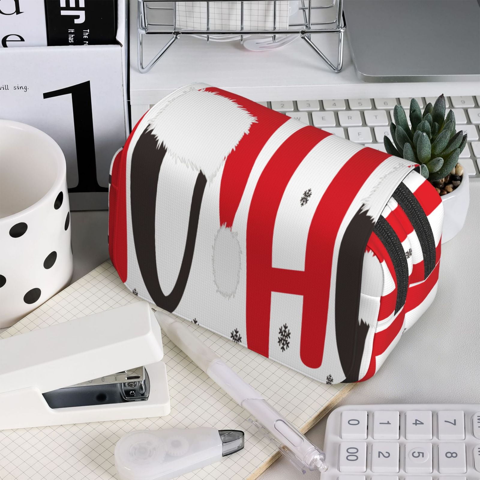 Rateoe HOHOHO Christmas Pattern Double Clamshell Pen Case, Storage Organizer with Two Zipper Compartments– Holds Up to 50 Pencils & Pens
