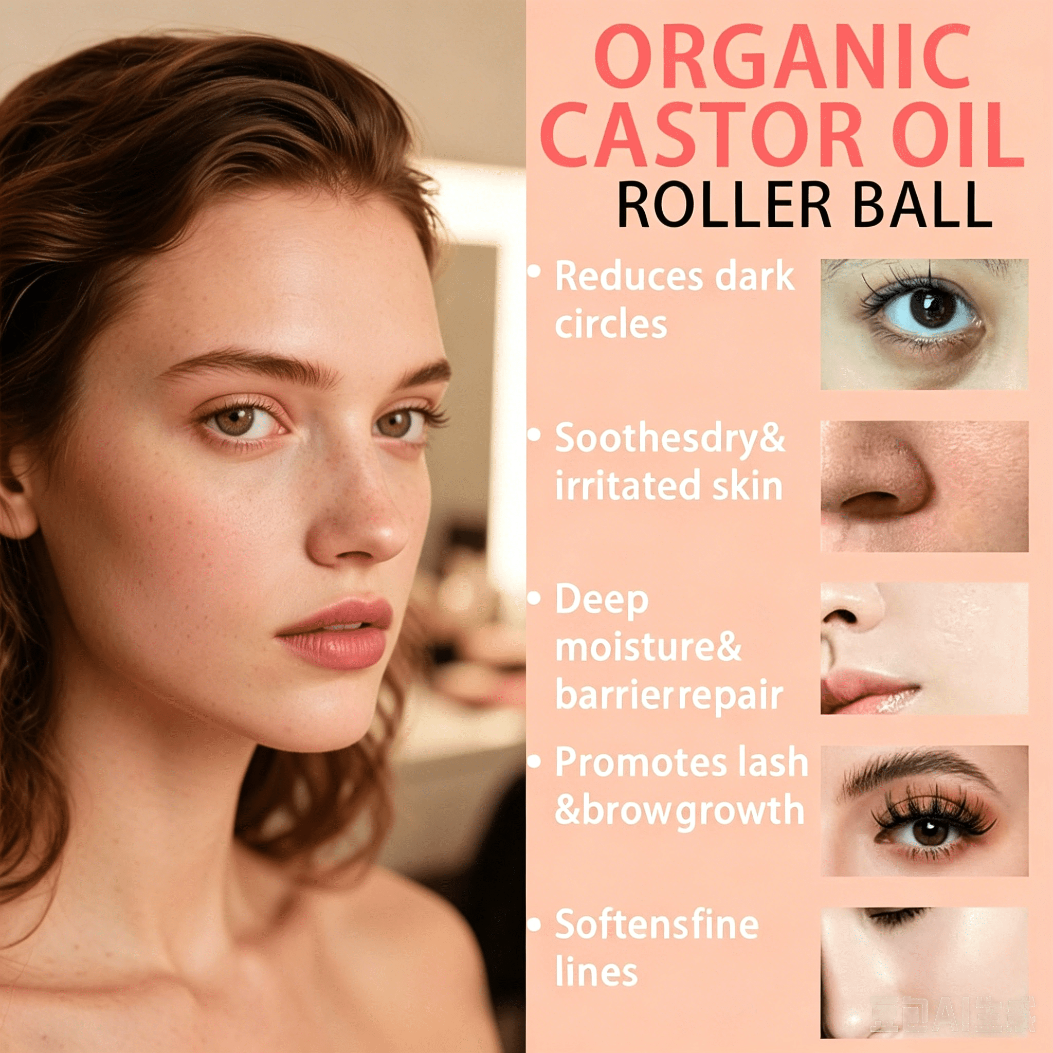 2PC Organic Castor Oil with Rose  Roller, 100% Pure Cold-Pressed, Organic Castor Oil Roll On Rose , Hexane-Free,Amber Glass Bottle for Skin
