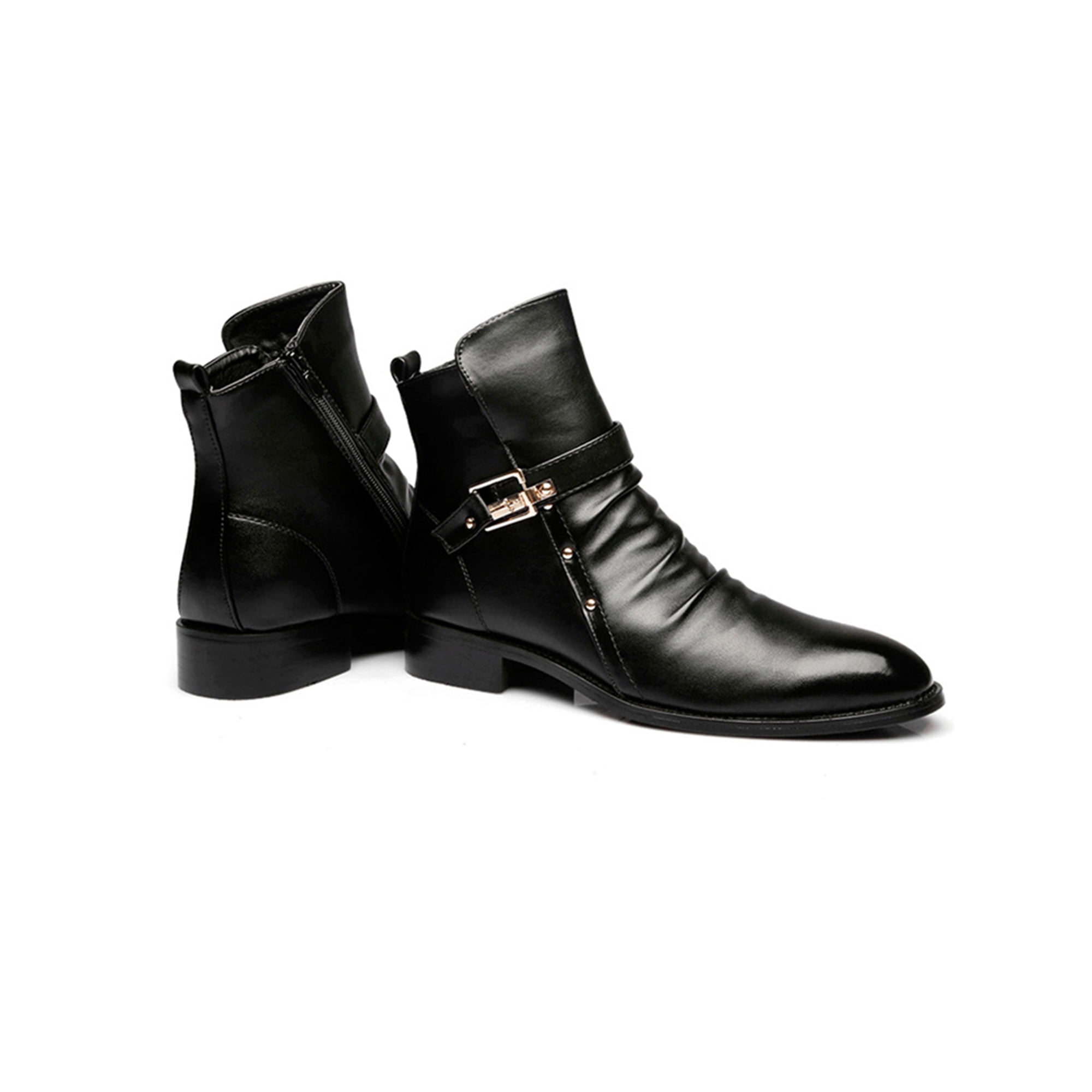 Bellella Mens Leather Boots Buckle Strap Ankle Booties Pleated Motorcycle Boot Fashion Shoes Work Black Inner Height Increase 6.5 Walmart