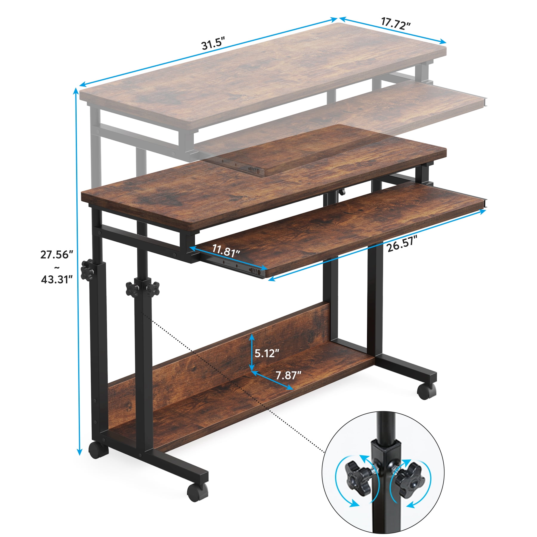 Fnova Height-Adjustable Desk with Wheels, Rolling Computer Cart with Keyboard Tray, Portable Laptop Small Standing Desk for Sofa, Bed, Home Office