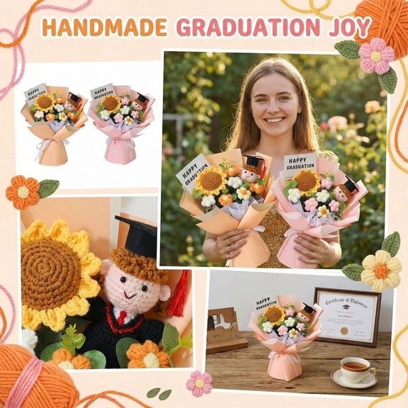 YujiCraft Graduation Gifts for Her Handmade Crochet Sunflower Puff Bouquet, Knitted Yarn Flower for Adult Graduation Classmate Friend Present,Orange