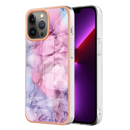 ELEHOLD for iPhone 13 Pro Max 6.7 inch Marble Case, Clear Electroplated Frame Soft TPU Anti-Scratch Wear-Resistant Wireless Charging Slim Fit Transparent Case for iPhone 13 Pro Max, Pink