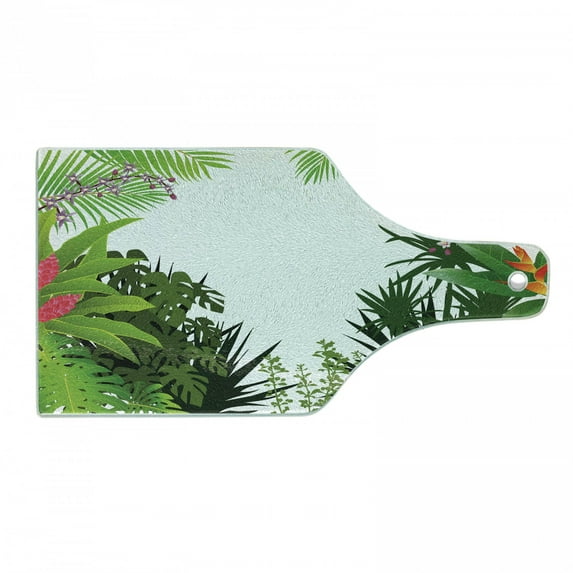 Leaf Cutting Board, Hibiscus Plumeria Crepe Gingers Anthurium Leaves Blossoms Image, Decorative Tempered Glass Cutting and Serving Board, Wine Bottle Shape, Hot Pink White, by Ambesonne