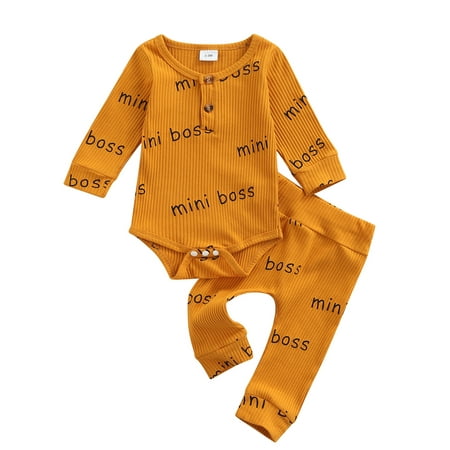

Sunisery 2Pcs Spring Autumn Infant Baby Girls Boys Clothes Sets Letter Printed Long Sleeve Romper Tops Pants Earth Yellow 3-6 Months
