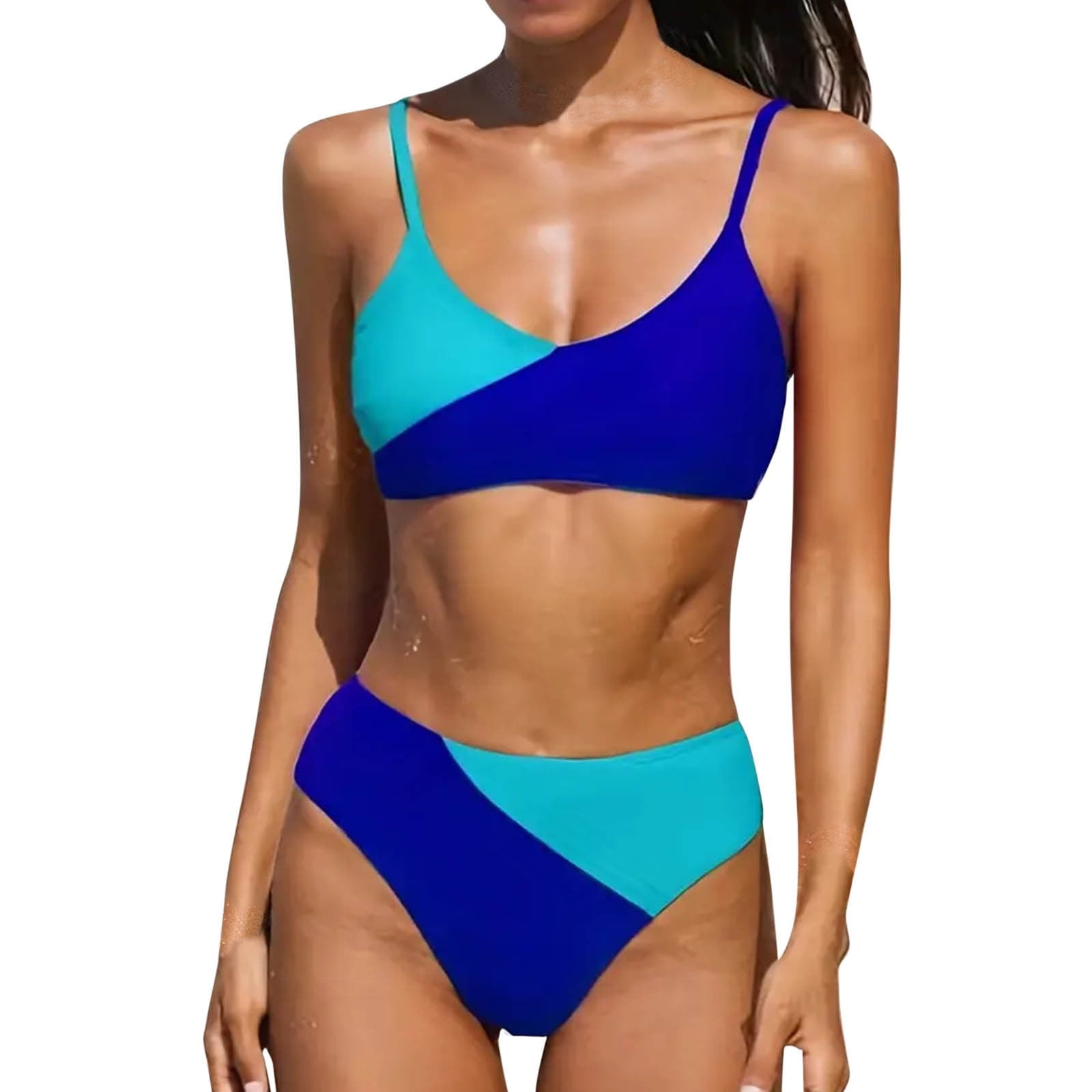 TOWED22 Women s High Waisted Bikini Sets High Cut Bathing Suits Two Piece Sporty Cut Out Swimsuits Blue S