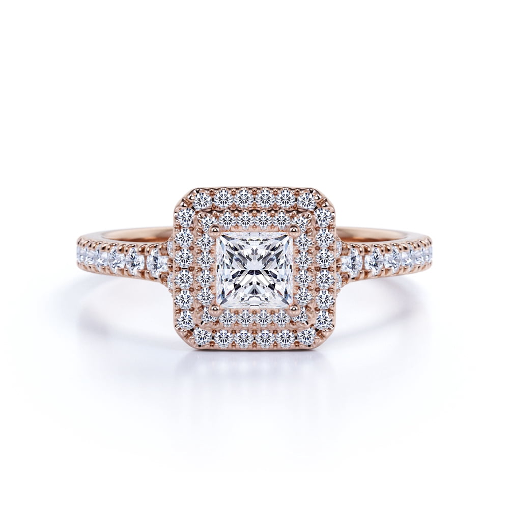 JeenMata Stunning 1 Carat Princess Cut Moissanite - Pave Set - Split Shank - Double Halo Engagement Ring in 18K Rose Gold over Silver