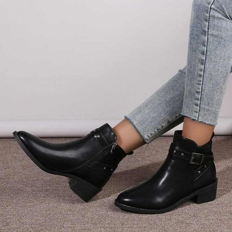 Hopeusnice Women's Ankle Boots Buckle Low Heel Pointed Toe Faux Leather Short Boots Block Heel Zipper Comfortable Shoes Black 40, Size: 40 US 7.5 Hopeusnice Women's Ankle Boots Buckle Low Heel Pointed Toe Faux Leather Short Boots Block Heel Zipper Comfortable Shoes Black 40, Size: 40 US 7.5