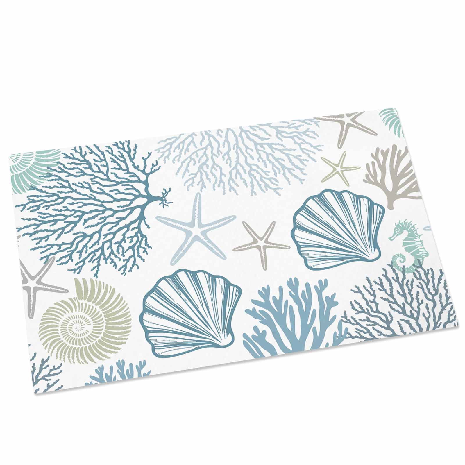 Light Blue Teal Coastal Indoor Door Mat - 16"x24", Non-Slip Welcome Mat for Outdoor, Summer Beach Coral Shell Ocean Front Doormat for Entry, Low-Profile Doormat Entrance Rug for Kitchen/Bathroom