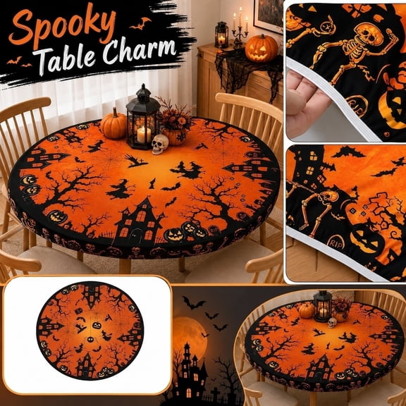 Mskk Elastic Halloween Round Nylon Tablecloth, 48 Inch Diameter Round Fitted Table Cover, Halloween Decor Table Cloth For Indoor Home Party Table Decoration