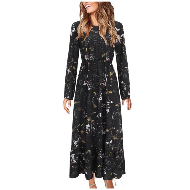 Gibobby Vestido largo de playa de verano para mujer Vestido casual de mujer de manga larga con estampado floral elegante vestido con volantes flor temperamento vestido(Negro,G)