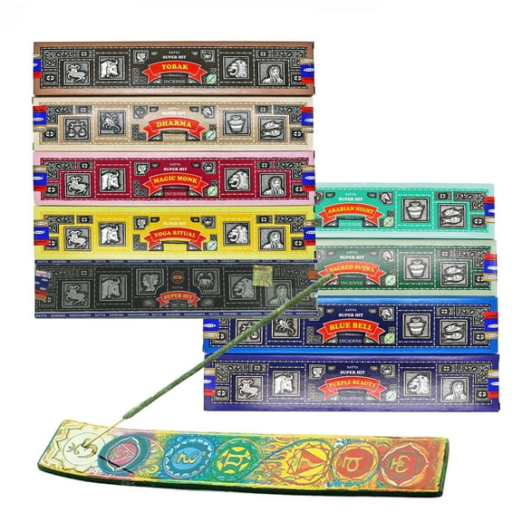 Satya Super Hit Varity Pack of 9 Incense Sticks with Ash Catcher Incense Burner For Cleansing Energy, Meditation, Aromatherapy, Yoga