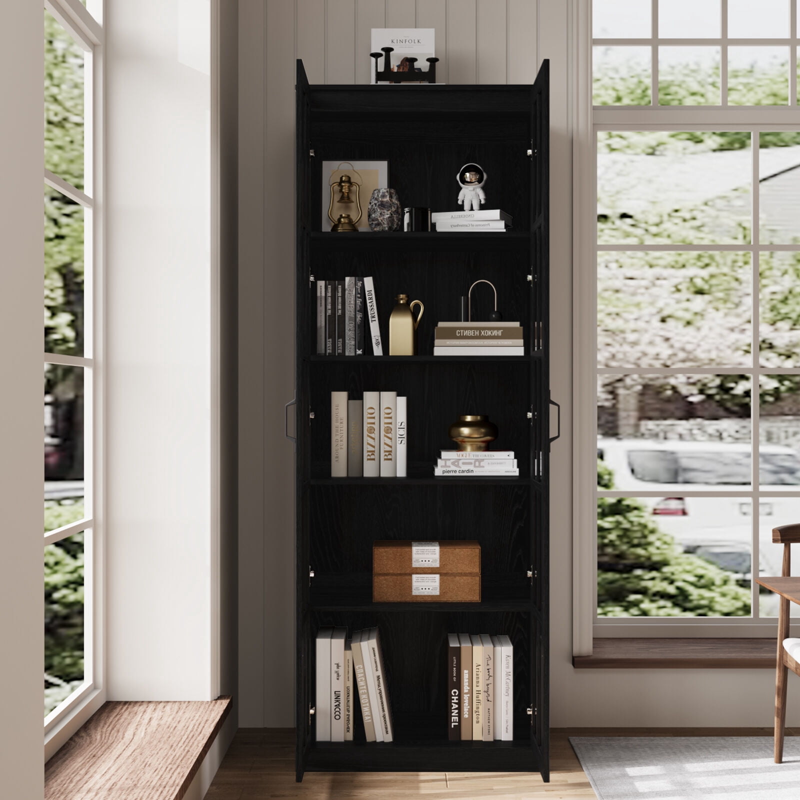 RichYa 71"H Tall Pantry Cabinet,Storage Cabinet with 2 Glass Doors and Shelves,5 Tier Display Cabinets for Living Room,Dining Room,Black(A)